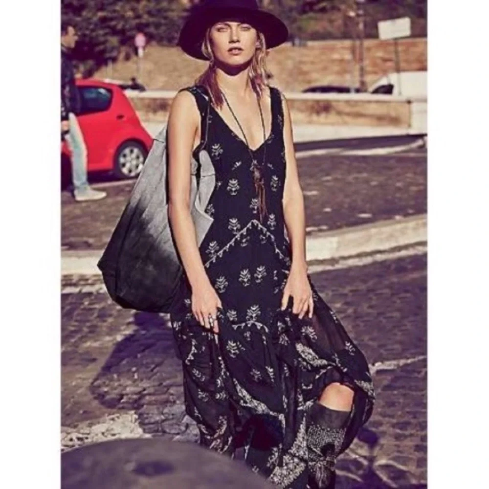 Free People Black Maxi Dress with White Print